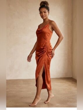 LYANER SEXY Burnt Orange Satin Cowl Neck Ruched Midi Dress XXL